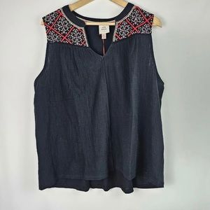 Knox Rose Black Embroidered Tank Top Blouse Loose Flowy Notch Neck Plus Size M